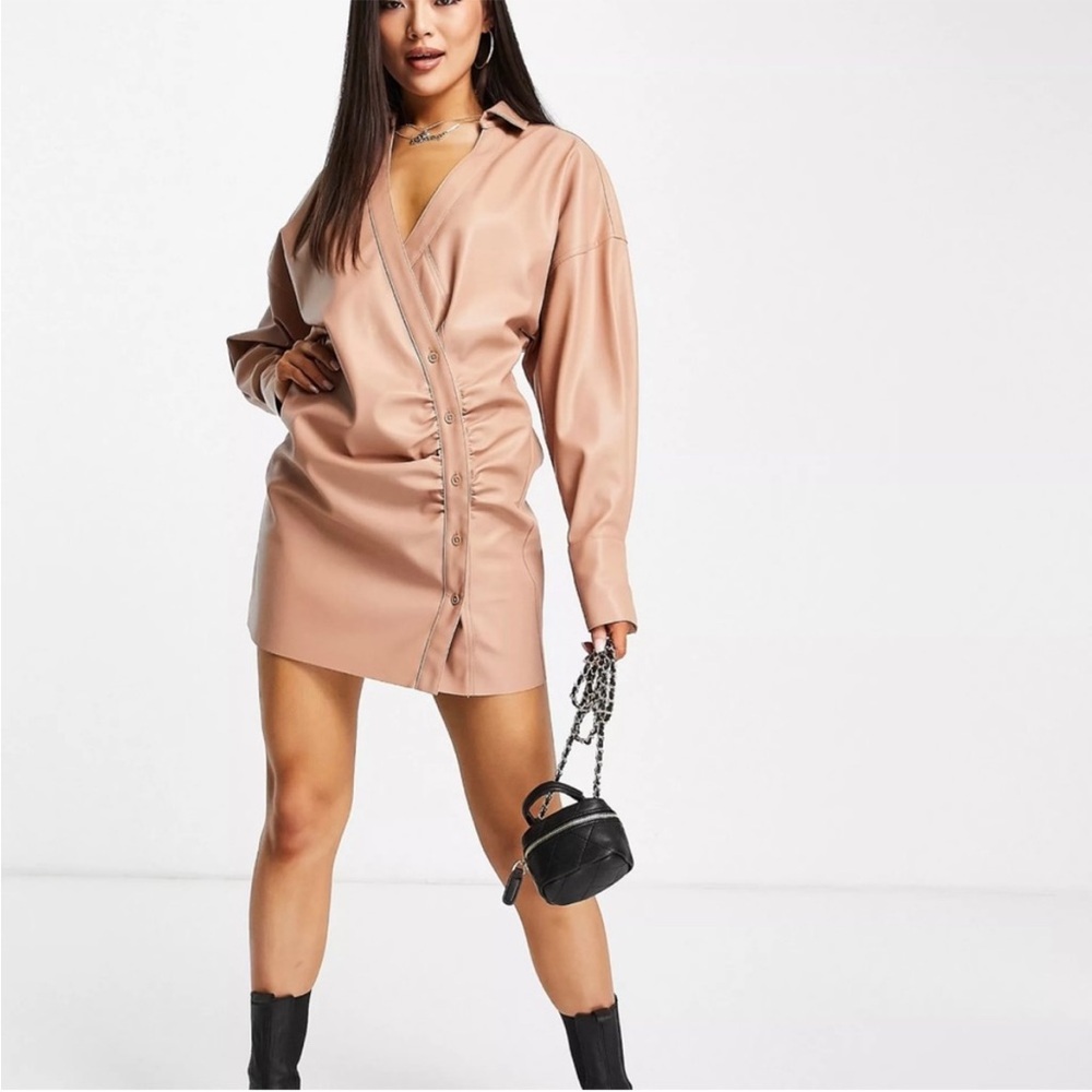 ASOS DESIGN Boho Leather-Look Asymmetric Wrap Mini Dress in Mocha. 4. NWT.